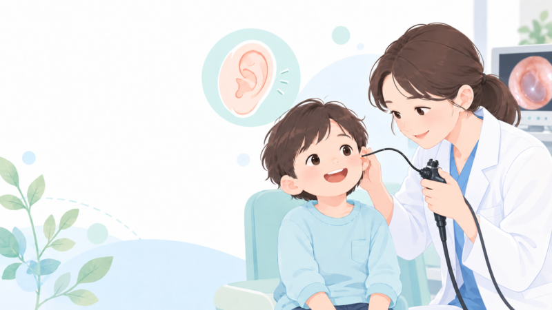 子どもの耳を診察する耳鼻咽喉科医のイラスト